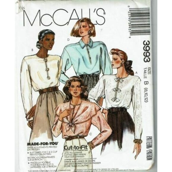 McCalls Sewing Pattern 3993 Misses Blouse Size 8 10 12 VTG - Picture 1 of 3